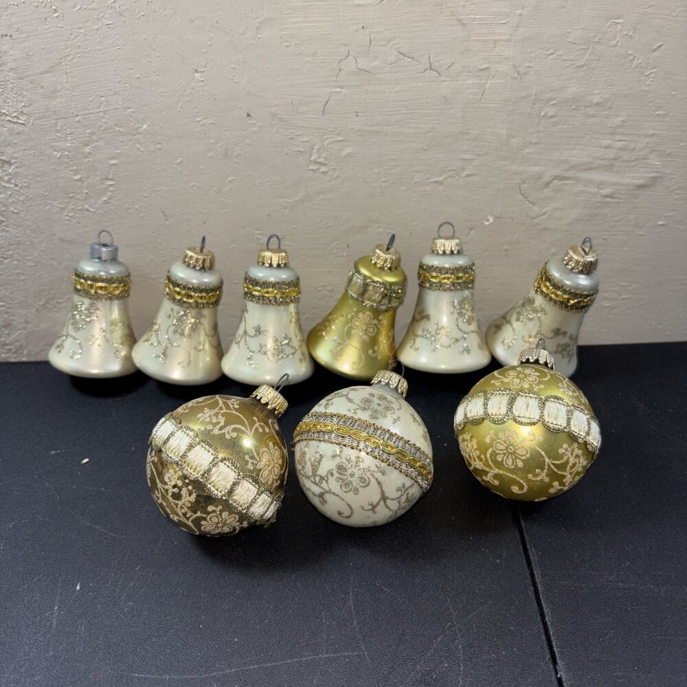 9 Vintage Made In West Germany Glittered Mixed Balls And Bells Ornaments